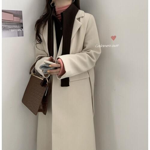 Women Winter Vintage Patchwork Long Cashmere Blazer Coat Jacket Mandarin Collar Wool Overcoat with Belt Cotton Liner Cardigan