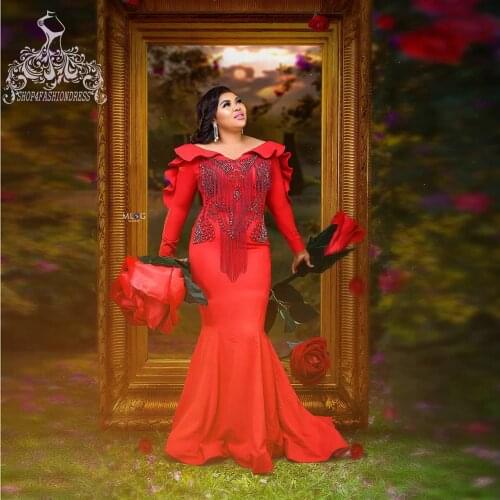 Demure Red Beading Crystal Mermaid Prom Dress V-neck Long Sleeves Ruffles Satin Formal Party Gowns To Wedding Party Bridal Dress