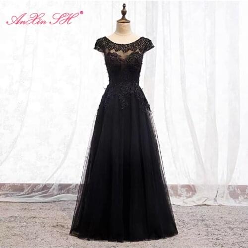 AnXin SH princess black lace evening dress vintage o neck illusion short sleeve beading crystal evening dress little black dress