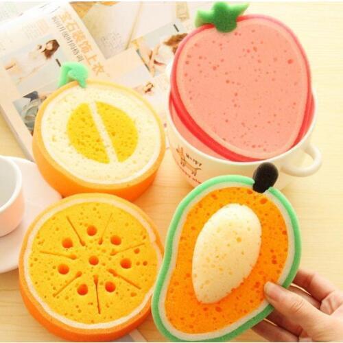 200pcs Cute Fruit Shape Microfiber Sponge Scouring Pad Strong Remove Stains Thickened Sponge Kitchen Tools SN1059