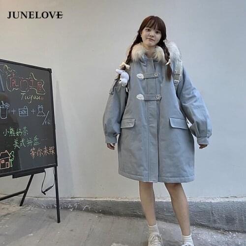2021 Women Harajuku Japanese Kawaii Fur Collar Parka Coats Female Blue Casual Loose Thick Warm Outerwears Lady Preppy Coats