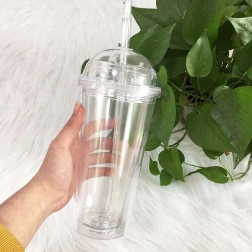 20oz Water Bottle Cups Plastic Mugs Milk Tumbler With Dome Flat Lid Transparent Straw Reusable Fruit Cup For Party