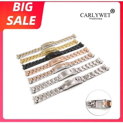CARLYWET 20mm Black Solid Curved End Screw Links Glide Lock Clasp Steel Watch Band Bracelet For OYSTER Style Rolex Submariner