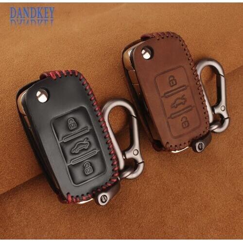 Dandkey 3 Button Genuine Leather Key Cover Key Case For VW Volkswagen Jetta MK6 Tiguan Golf 4 5 6 Polo Bora Passat B5 B6 Key Bag