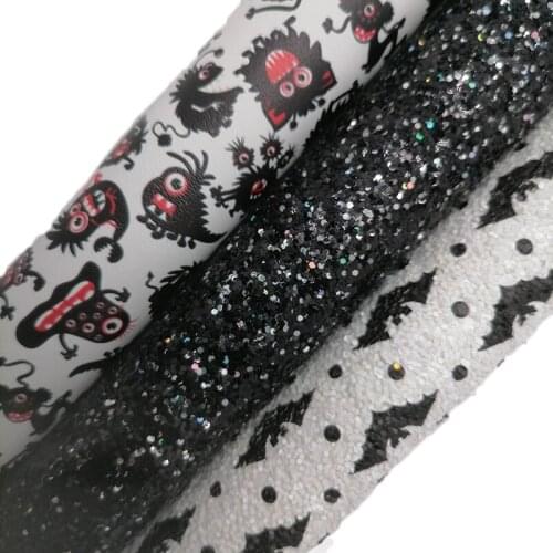 Black Glitter leather, Bats Printed Glitter Faux leather, Monsters Printed Faux Leather Sheets For Bows DIY 21x29CM KM727