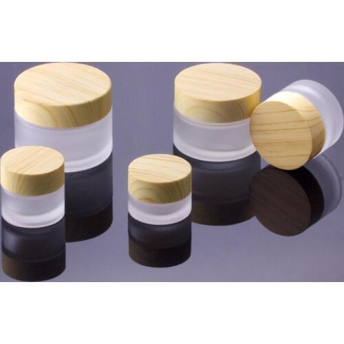 Frosted Glass Jar Cream Bottles Round Cosmetic Jars Hand Face Cream Bottle 15g-30g-50g Jars with wood grain cover PP line SN1213