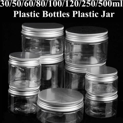 30ml 50ml 60ml 80ml 100ml 120ml 250ml 500ml Travel Bottles Clear Plastic Jar Aluminum Lids Empty Cosmetic Containers Makeup Box