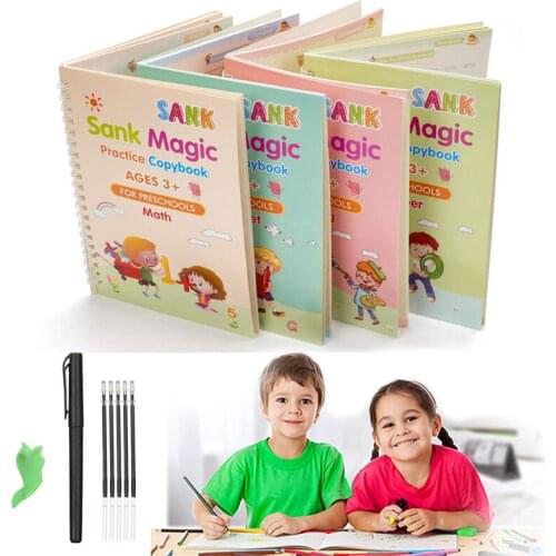Montessori Toys Sank 4 Books + Pen Reusable 3D Magic Exercise Book Children 0-10 Writing Stickers Calligraphy English Numbers