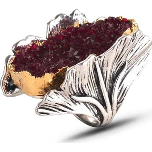 Unique Silver Color Ginkgo Leaf Rings Personality Red Crystal Stone Cocktail Party Womens Ring Anniversary Jewelry Lovers Gift