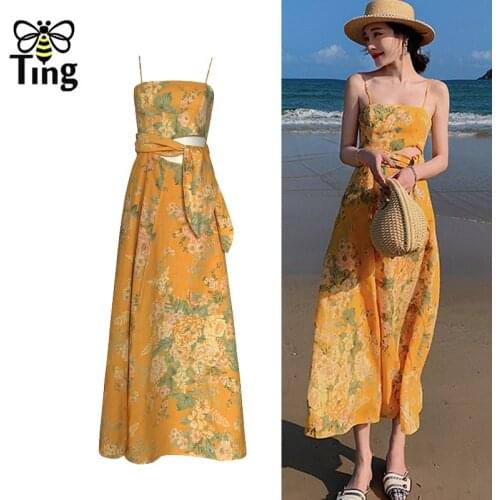 Tingfly Summer Bohemian Printing Yellow Boho Dress Strap Sleeveless Beach Stylish Casual Vacation Dress Vestidos Sundresses Za