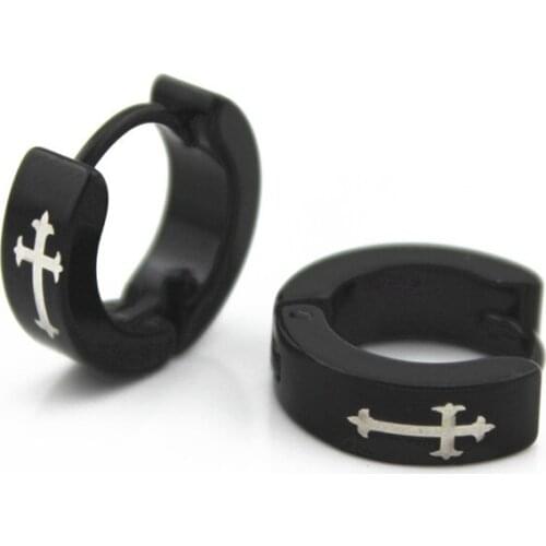 LPHZQH Fashion Circle Round Earings For Women Men Black Stainless Steel Cross Stud Earrings Punk Rock Style