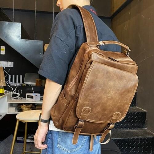 LEBSGE Fashion Mens High Quality Pu Leather Backpack with USB Charging Large Capacity Retro Square Outdoor Leisure Backpack