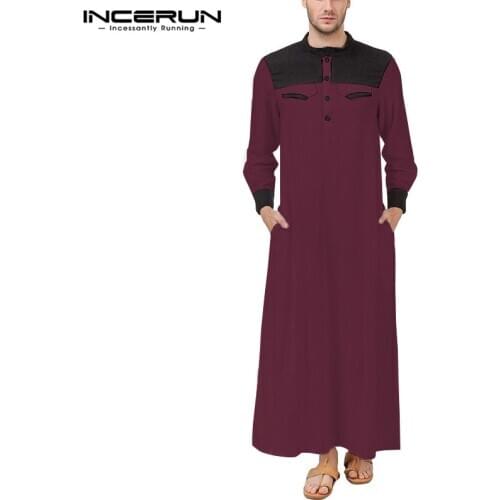 INCERUN Muslim Kaftan Men long Sleeve Patchwork Jubba Thobe Stand Collar Fashion Robes Middle East Arabic Islamic Clothes Abaya
