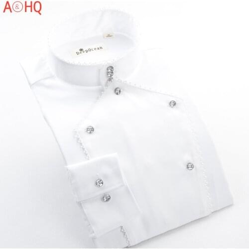 Long Sleeve Men Dress Shirts White Cotton Tuxedo Shirt Stand Collar British Party Banquet Mens Shirts Wedding Clothing
