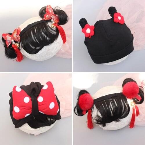 Autumn Baby Girl Hat with Big Bow Soft Cotton and wool knitted flower Baby Beanie Hat Kids Newborn wig headbands