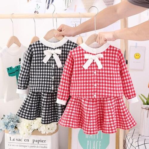 2021 Girls Clothing Sets Toddler Girls Sweater+Skirt 2pcs Autumn Winter Baby Kids Plaid Bow Sweater Knitwear Children Long Dress