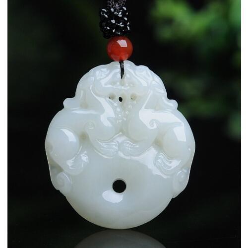 White HETIAN Nephrite Jades doughnut Pendant Necklace Carved Double lion Amulet Men Women Fashion Jewelry Free Chain