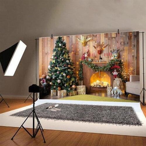 Christmas Tree Fireplace Plank Background Adult Children Holiday Party Decoration Photography Studio 3D Digital Backdrop Cloth