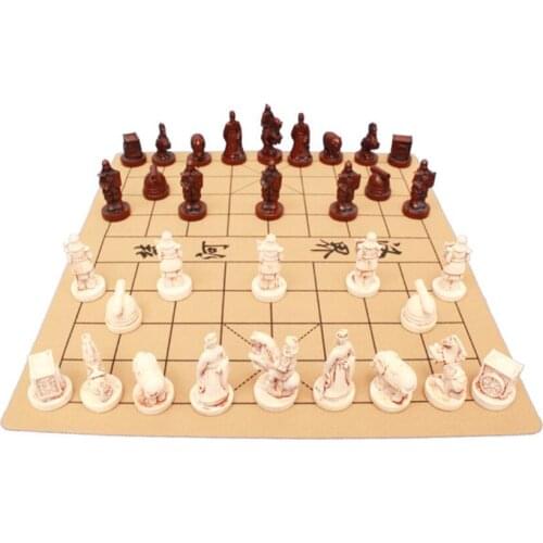 Retro three-dimensional Chinese chess PU leather chessboard resin terracotta warriors figures chessmen gift Antique Number of
