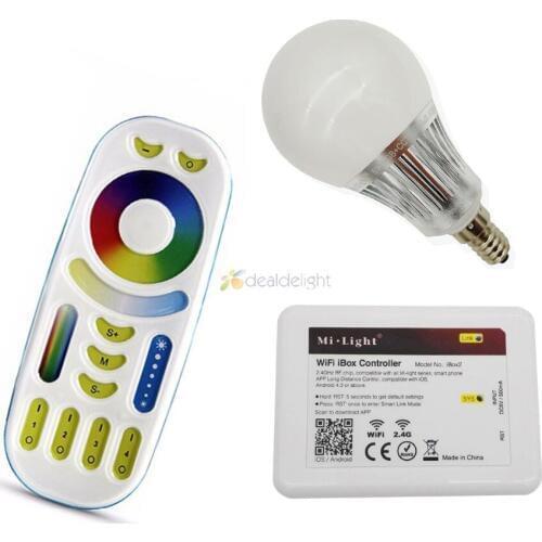 Mi.Light E14 5W RGB+CCT Color Temperature Adjustable Smart LED Bulb FUT013 + 4-zone RF LED Remote+WL-Box1 Wifi