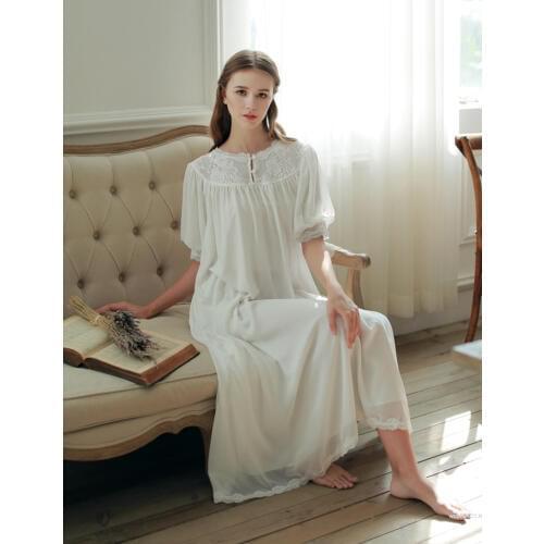 High Quality Sleepwear Nightgown White Short Sleeve Summer Nightdress Royal Classic Design Sleepwear One Piece Dress Comfortbale