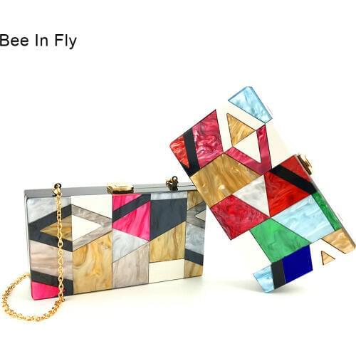 Geometric Stitching Color Acrylic Box Geometry Clutch Evening Bag Elegent Chain Women Handbag For Party Shoulder Bag wallet