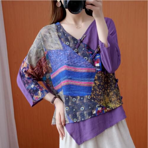Vintage Ethnic Blouse Shirt Stitch Summer Clothes For Women Plus size Ladies Tops Tunic 3/4 Sleeve Loose Casual V neck