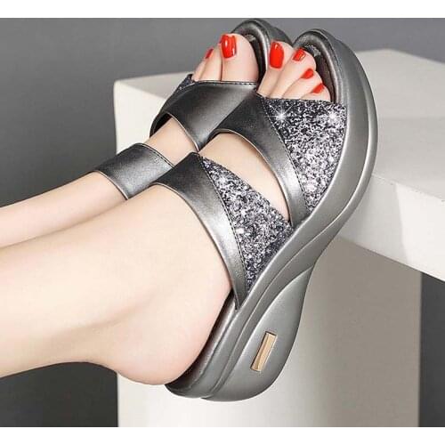 Women Sandals 2021 Summer Wedge Beach Flip-Flop Sandal Solid Fashion Bling Golden Shoes Women Mid Heel Casual Ladies Shoes Femme