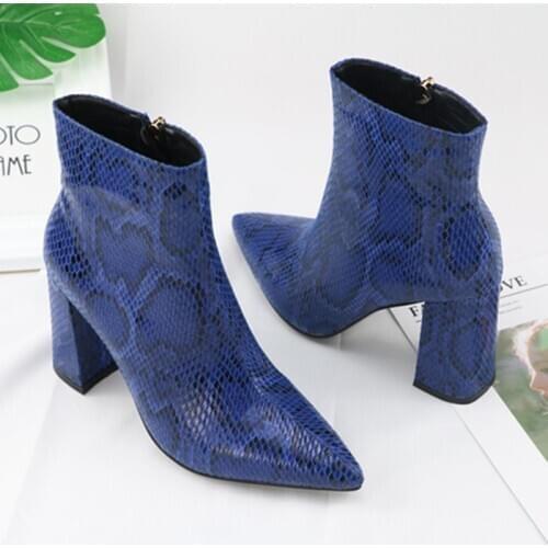 Print Snake Pu Women Ankle Boots Zip Pointed Toe Footwear Thick High Heels Female Boot Party Shoes Women 2021 New Winter