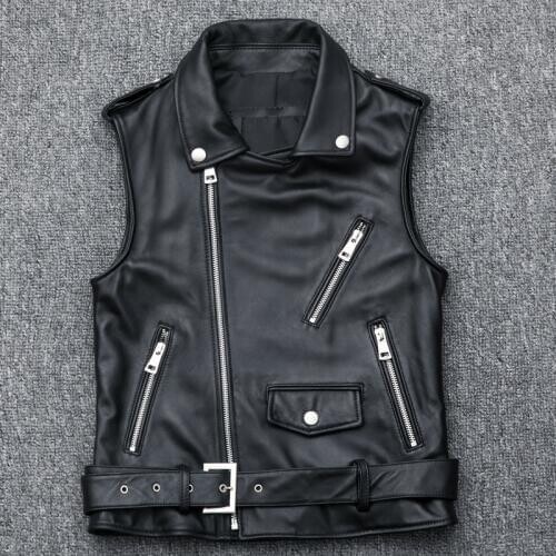 Women Motorcycle Biker Sheepskin Leather Waistcoat Zipper Short Genuine Leather Vest Sleeveless Jacket Plus Size 4XL Sashes Coat