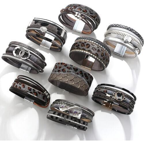 ALLYES Grey Leopard Fur Genuine Leather Bracelets for Women Bohemian Crystal Multilayer Wrap Bracelet Winter Female Jewelry Gift