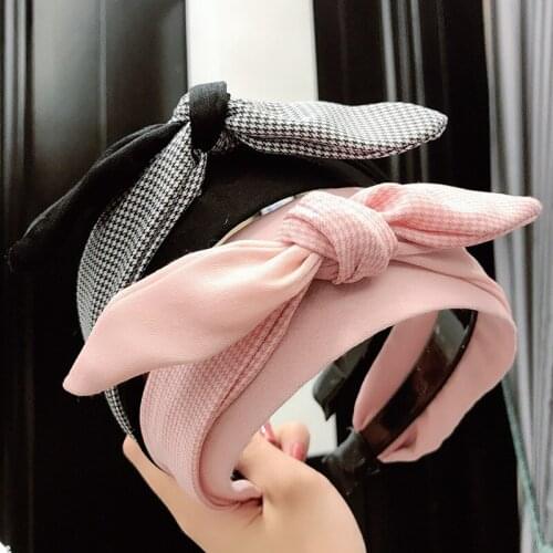 New Fashion Women Hairband Wide Side Bow Headband Plaid Headwear Girls Summer Fresh Knot Rabbit Ear Hair Accessories Wholesale