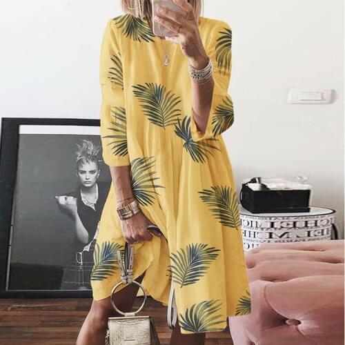 Vintage Dress Women 2020 Summer O-neck 3/4 Sleeve Floral Elegant Midi Dresses Woman Casual Beach Boho Dress Plus Size S-5XL
