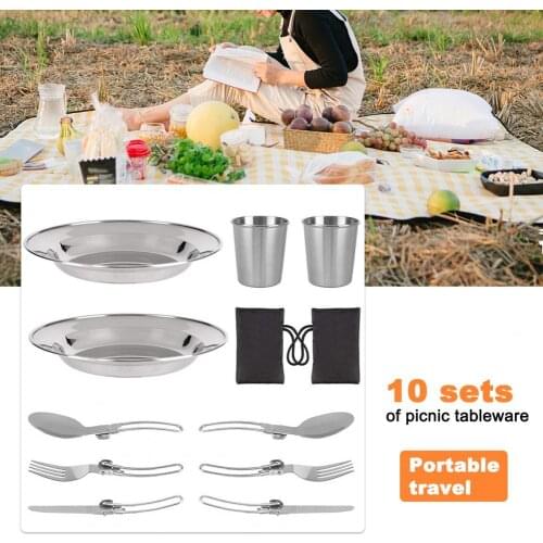 10Pcs/Set Camping Cooking Supplies Portable Safe Silver Color 10-piece Stainless Steel Cookware Set for Picnic Outdoor Tableware