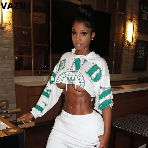 VAZN 2020 Autumn Top Quality Special Unusual High Street Sexy Open Young Style Hooded Full Sleeve Women Slim Short Hoodies