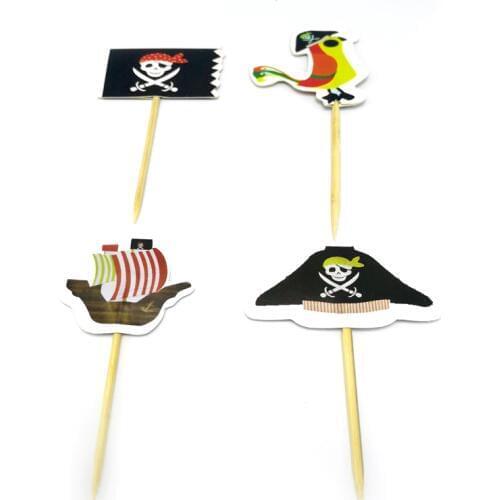 24pcs/lot Boys Kids Favors Pirate Theme Cupcake Toppers with Sticks Happy Birthday Party Decoration Baby Shower Cake Topper