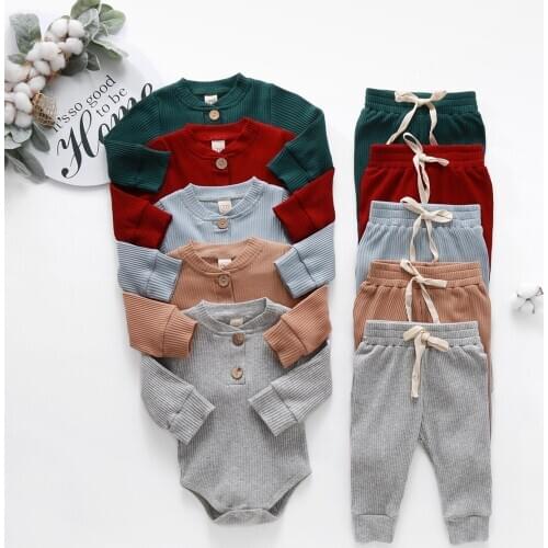 Infant Newborn Baby Girls Boys Spring Autumn Ribbed Solid Clothes Sets Long Sleeve Bodysuits + Elastic Pants 2PCs Solid Outfits