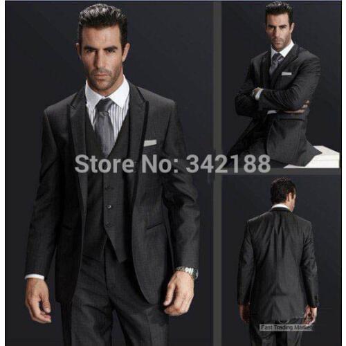 Custom Design Charcoal Groom Tuxedos Peak Lapel Groomsman/Men Suits (Jacket+Pants+Waistcoat)/best mans suit/wedding dress suitw