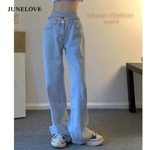 Cross Straps High Waist Korean Fashion Wide Leg Jeans Women Casual Aesthetic Hip Hop Gothic Pockets Straight Denim Jeans Female