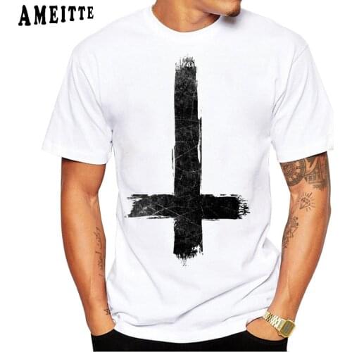 Inverted Cross Painted Grunge Black Print T-Shirt Summer Fashion Mens Short Sleeve Cute Boy Casual Tops Hip Hop Man White Tees