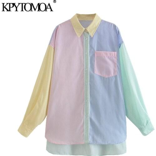 KPYTOMOA Women 2021 Fashion Patchwork Striped Loose Asymmetry Blouses Vintage Long Sleeve Button-up Female Shirts Chic Tops