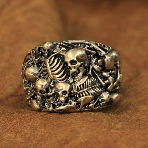 LINSION High Details Brass Skulls Grave Ring Mens Biker Punk Ring BR257 US Size 7~15