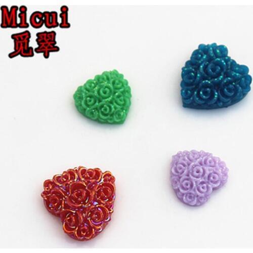 Micui 100PCS 10/12mm Mix color Heart Roses Resin Rhinestones Stone flatback Beads Wedding clothing Crafts Buttons DIY ZZ172