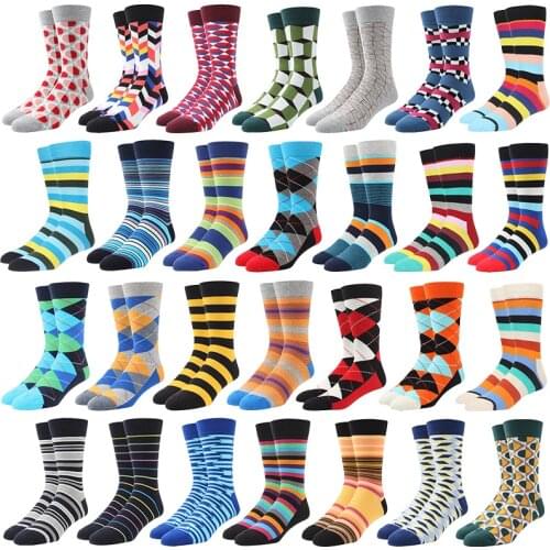 Mens Funny Happy Socks Colorful Striped Diamond Pattern Argyle Geometric Large Size Combed Cotton Socks Men For Business