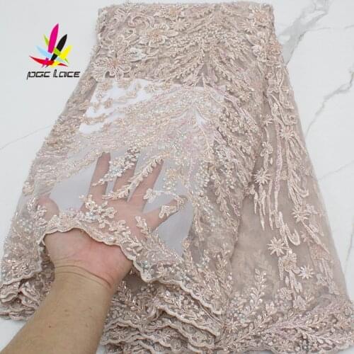 New French Tulle Mesh Lace Fabric Best Quality Beaded Lace Fabrics Luxury African Handmade Beads Lace Fabric for Wedding XZ3001B