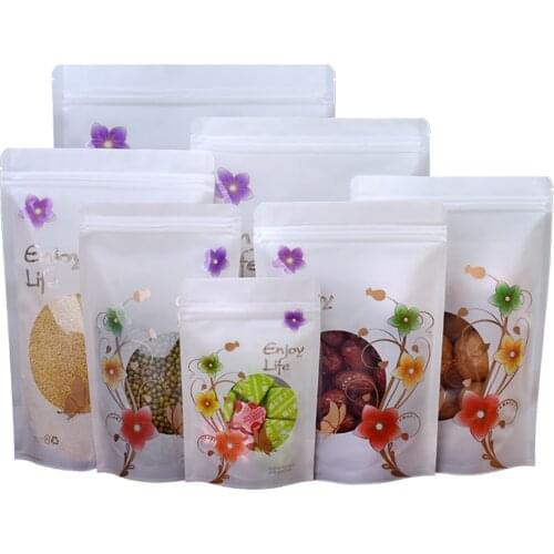 100Pcs White Plastic Zip Lock Stand Up Bag with Clear Window Flower Printed Resealable Reclosable Tear Notch Food Storage Pack