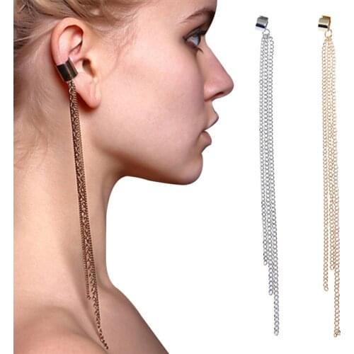 Sexy Women Long Metal Chains Alloy Tassel Ear Clip Lady Earring Jewelry