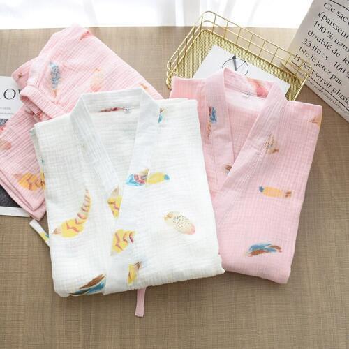 Ladies Spring and Autumn Cotton Crepe Kimono Pajamas V-Neck Printing Pajamas Plus Size Loungewear Women Pijama Mujer Sleep Set
