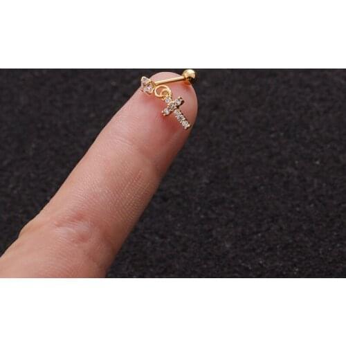 Simple Cute Small Micro Pave CZ Cross Pendant Ear Cartilage Clip Cuff Zircon Gold Color Stainless Steel Bar Ear Stud Jewelry