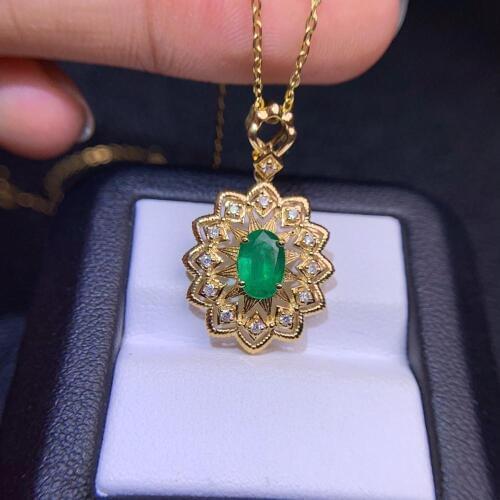 Shilovem 18k yellow gold real Natural emerald Gemstone pendants plant women none necklace new Christmas Gift 5*7mm dz05075566ml
